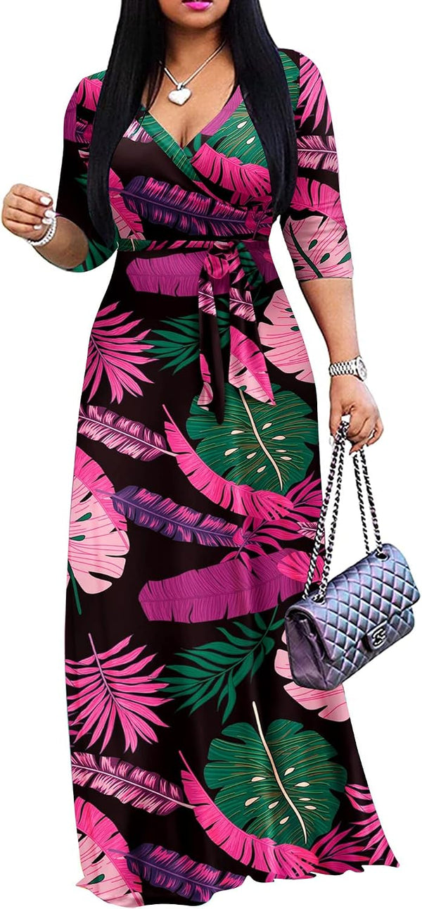 FANDEE Plus Size Maxi Dress for Women Casual Summer Sundress V-Neck 3/4 Sleeve