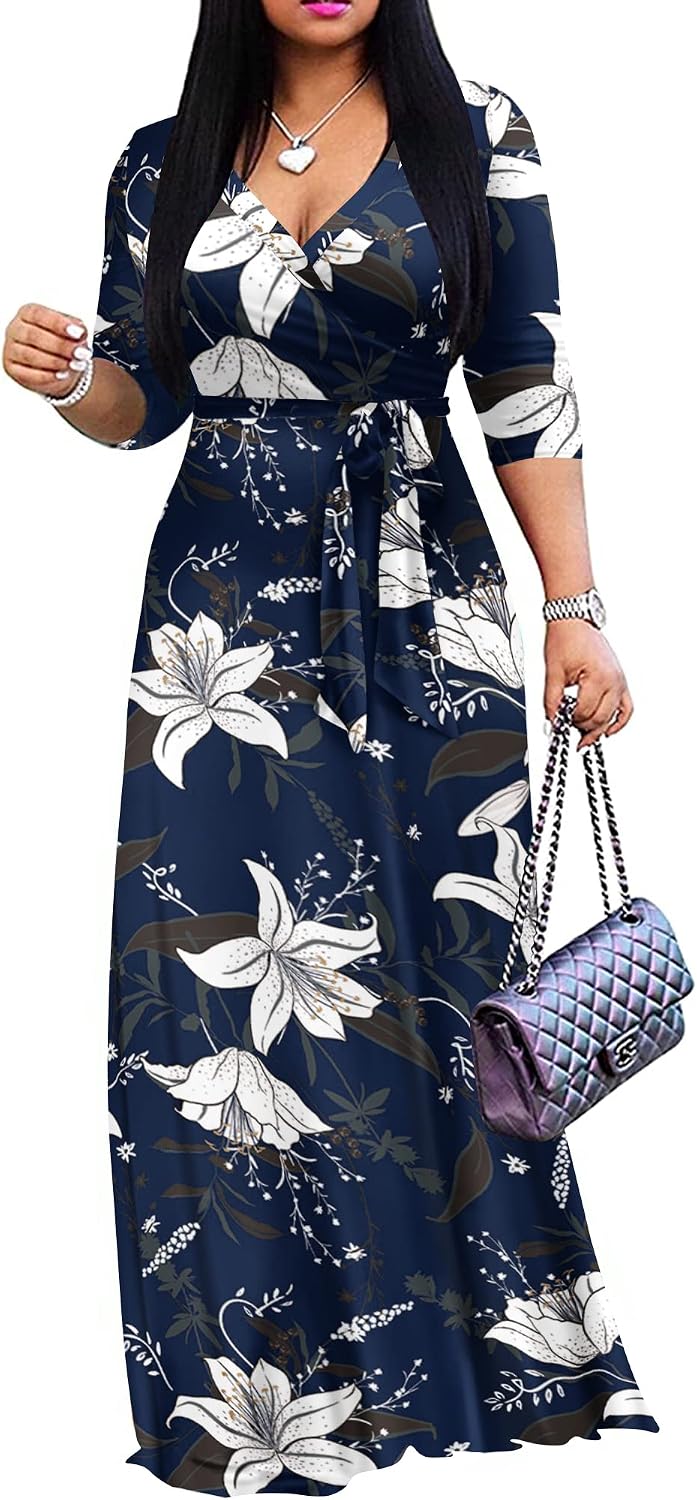 FANDEE Plus Size Maxi Dress for Women Casual Summer Sundress V-Neck 3/4 Sleeve