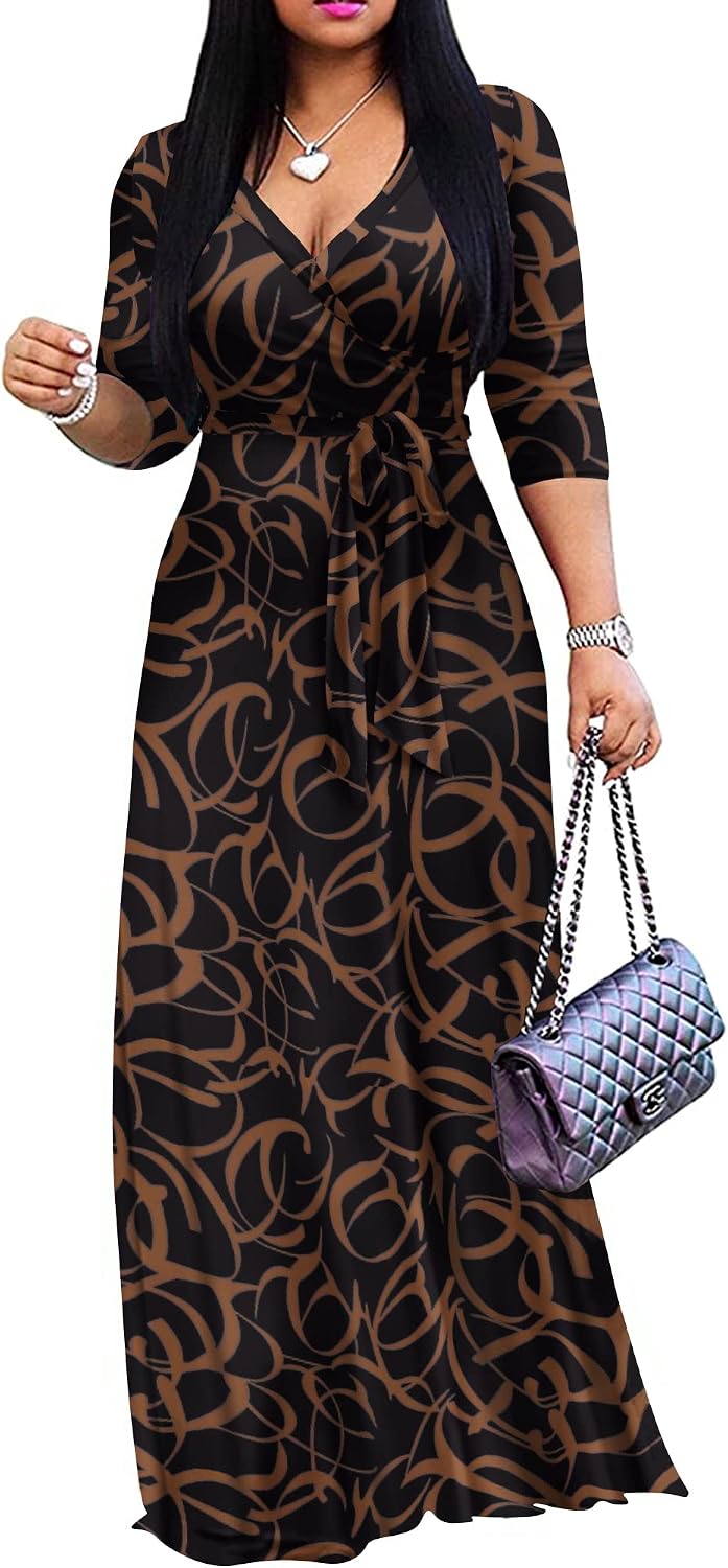 FANDEE Plus Size Maxi Dress for Women Casual Summer Sundress V-Neck 3/4 Sleeve
