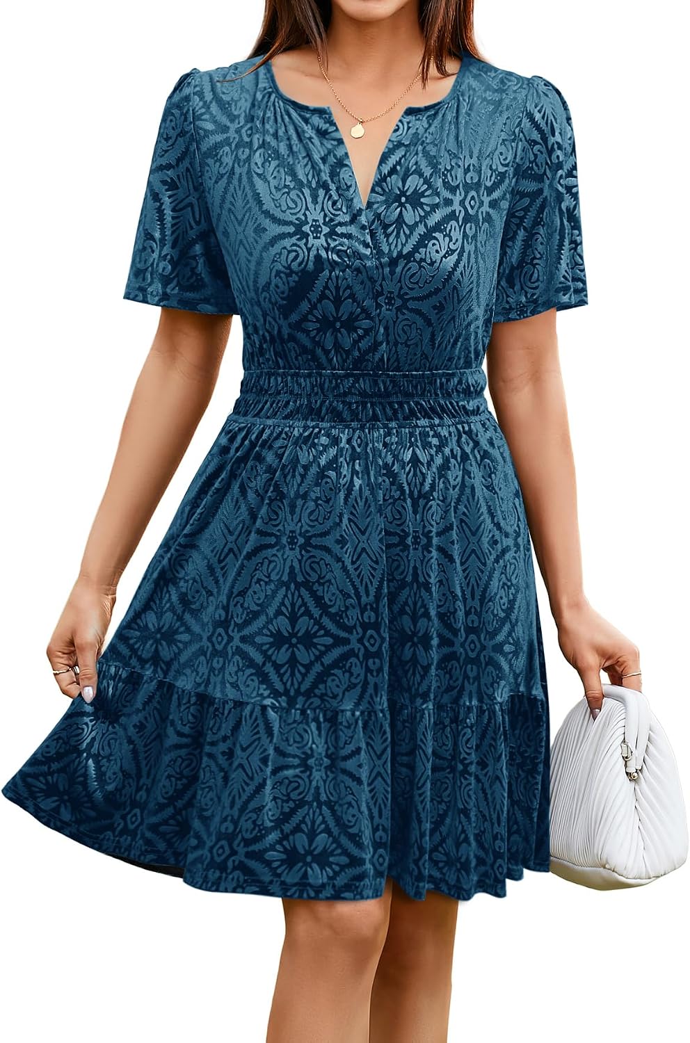 Simplee Women's 2026 Velvet Short Sleeve Cocktail Dress Fall Winter Casual V Neck Empire Waist Mini Dresses with Pockets