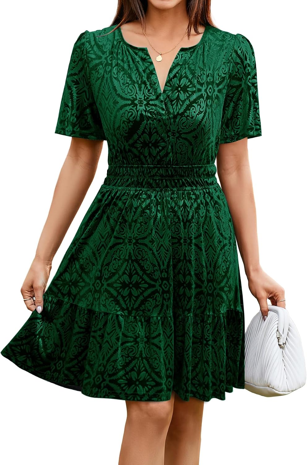 Simplee Women's 2026 Velvet Short Sleeve Cocktail Dress Fall Winter Casual V Neck Empire Waist Mini Dresses with Pockets