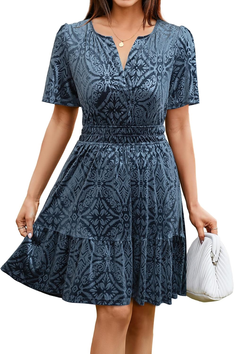 Simplee Women's 2026 Velvet Short Sleeve Cocktail Dress Fall Winter Casual V Neck Empire Waist Mini Dresses with Pockets