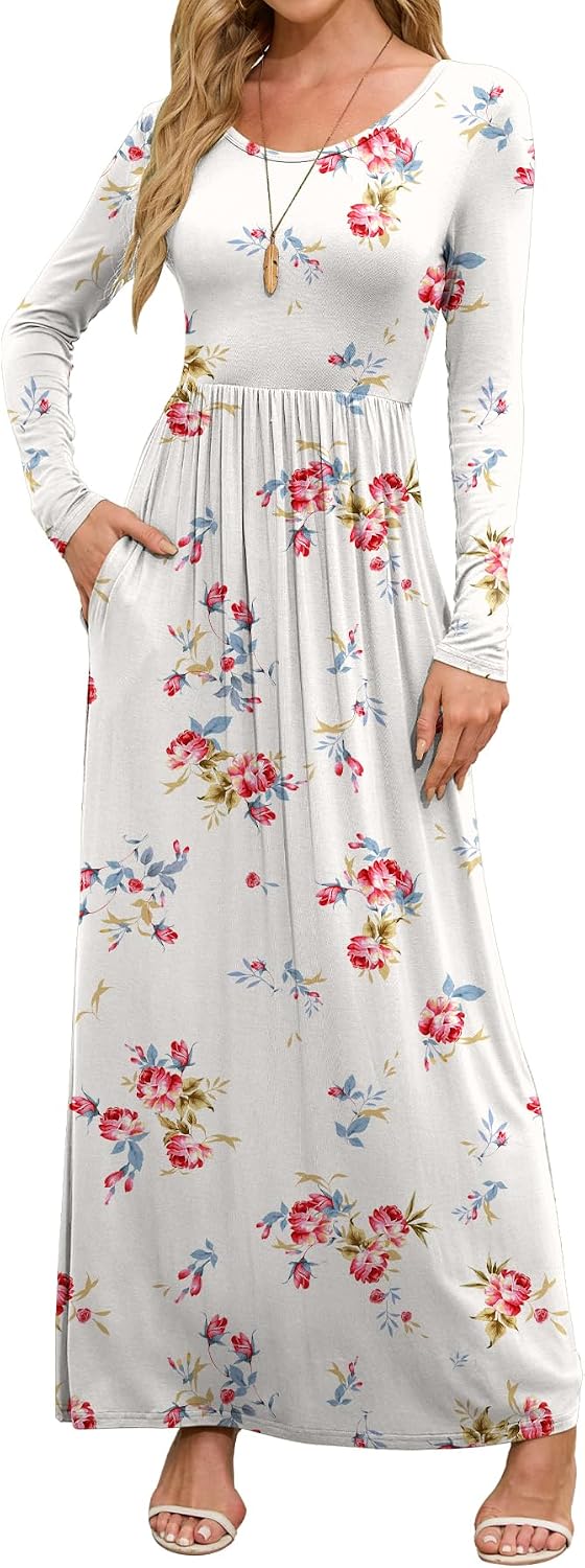 DEARCASE Women's Maxi Dress Long Sleeve Crewneck Empire Waist Long Dresses