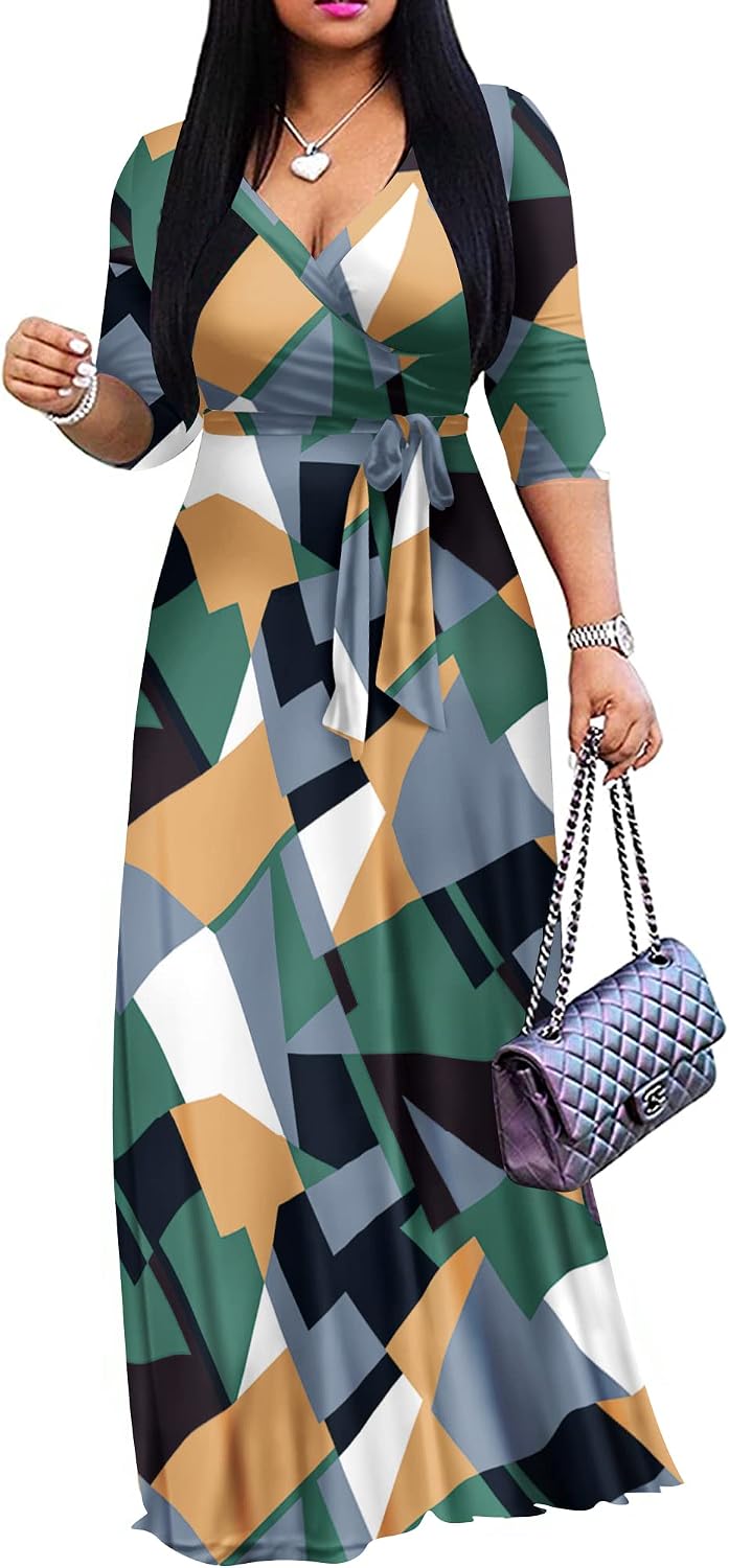 FANDEE Plus Size Maxi Dress for Women Casual Summer Sundress V-Neck 3/4 Sleeve