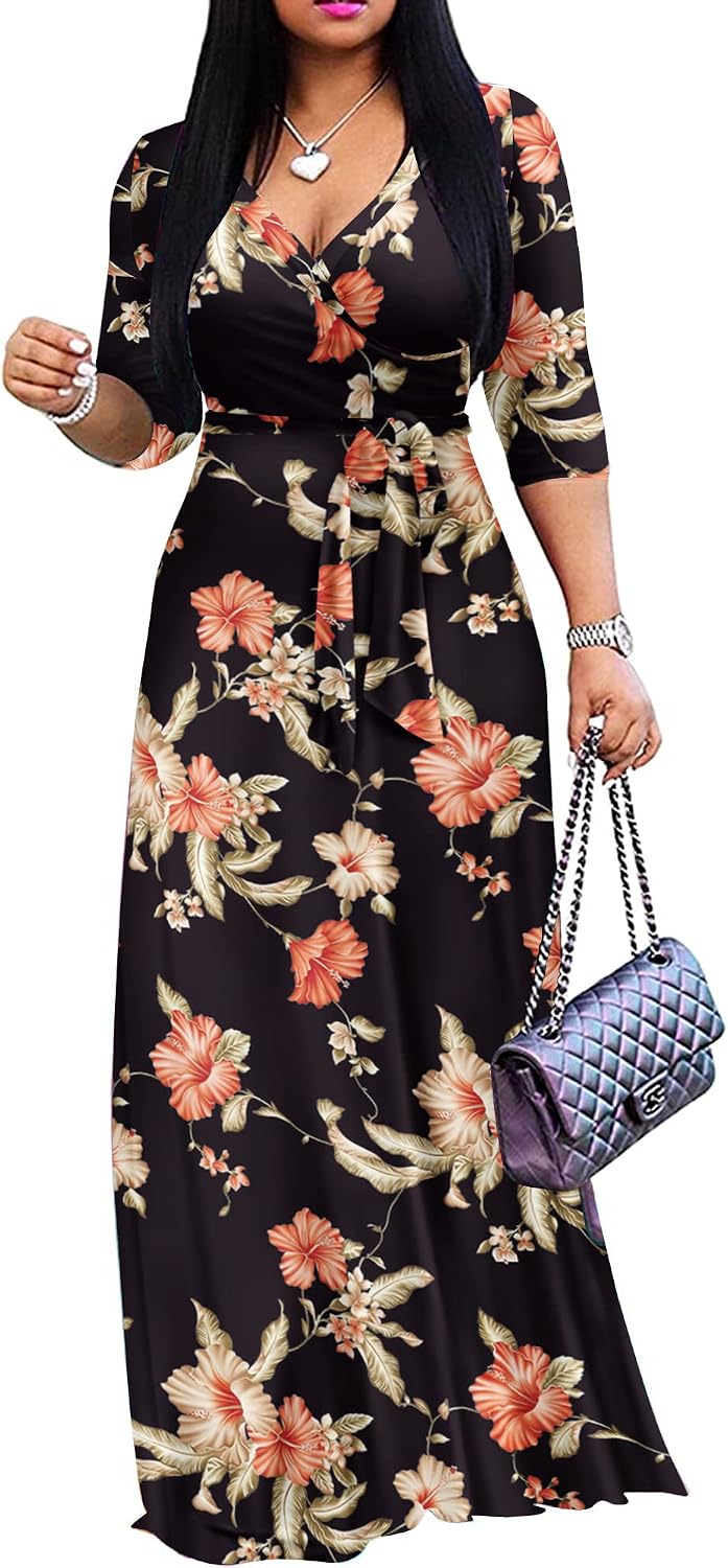 FANDEE Plus Size Maxi Dress for Women Casual Summer Sundress V-Neck 3/4 Sleeve