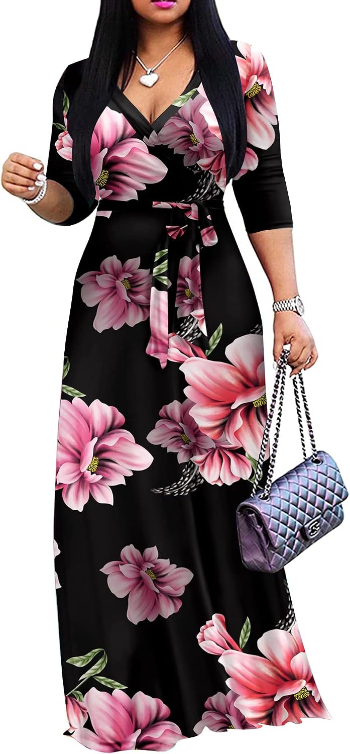 FANDEE Plus Size Maxi Dress for Women Casual Summer Sundress V-Neck 3/4 Sleeve