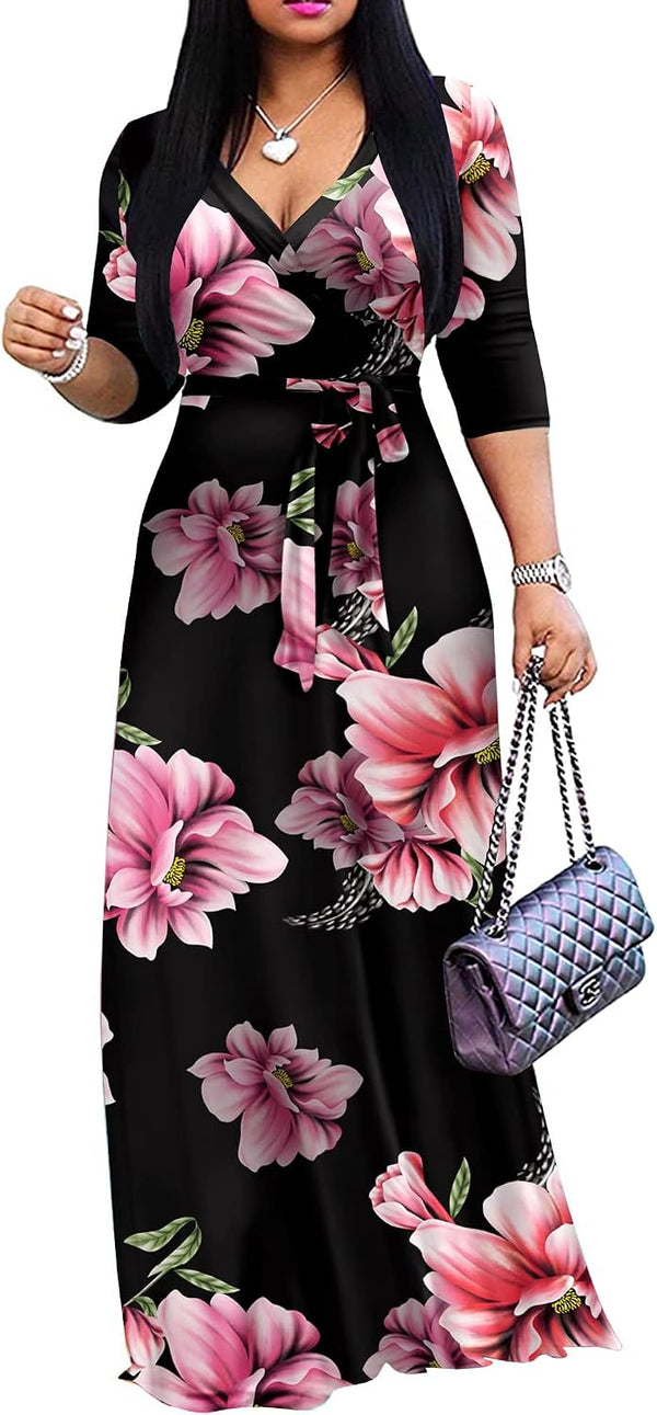 FANDEE Plus Size Maxi Dress for Women Casual Summer Sundress V-Neck 3/4 Sleeve