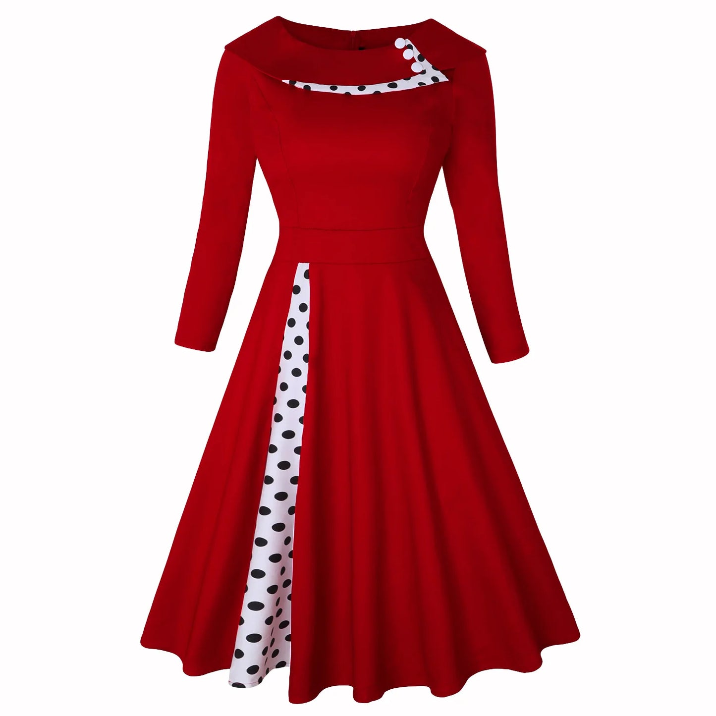 Dress Rockabilly Polka Dot Print Sexy Patchwork Long Sleeve High Waist Swing Casual Party Midi Vestidos Robe