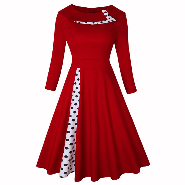 Dress Rockabilly Polka Dot Print Sexy Patchwork Long Sleeve High Waist Swing Casual Party Midi Vestidos Robe
