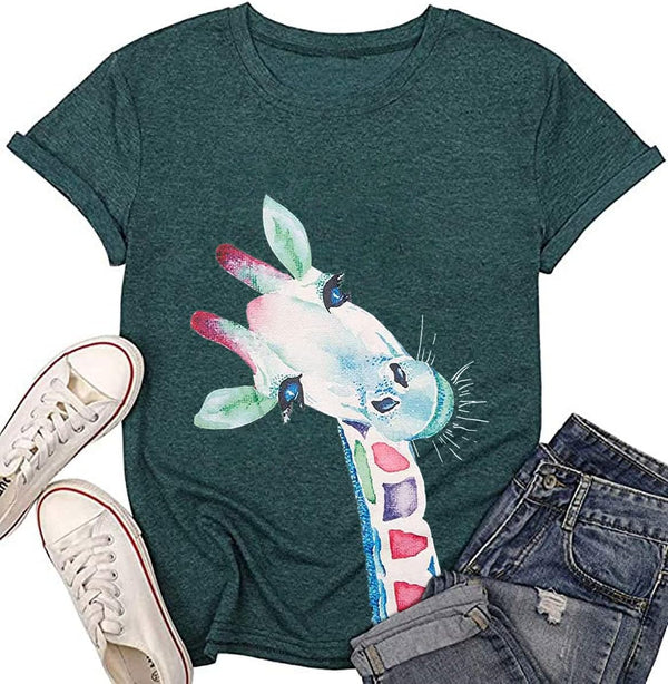 Beopjesk Womens Summer Giraffe Printed T-Shirt Funny Cute Animal Graphic Tees Tops