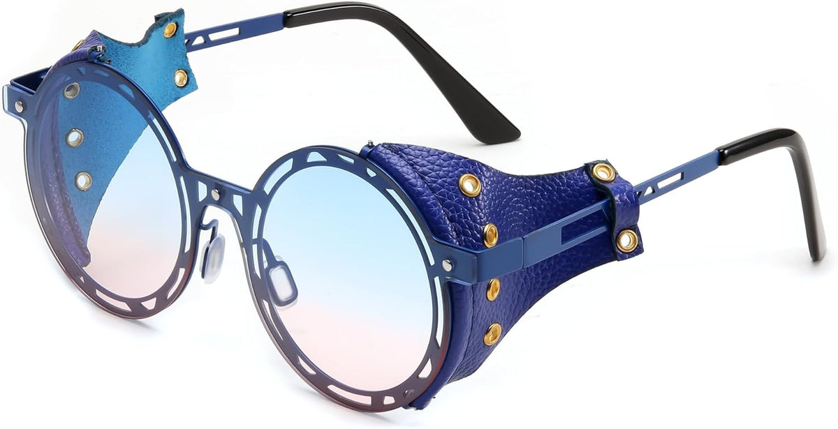 Retro Round Metal & Leather Steampunk Sunglasses