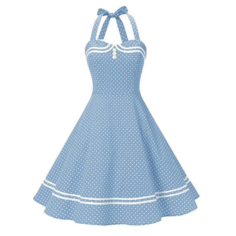 Halter Yellow Dress Sexy Robe Femme Pin Up Rockabilly Party Dress Big Swing Vestidos Summer Clothes