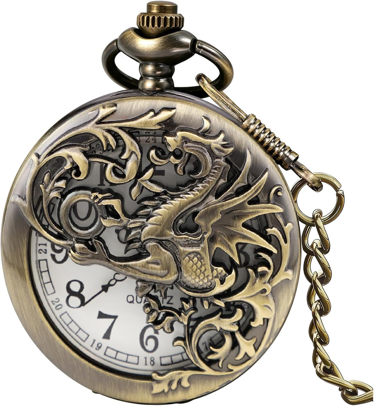 Dragon Design Quartz Pocket Watch Roman Numerals with Chain Birthdays