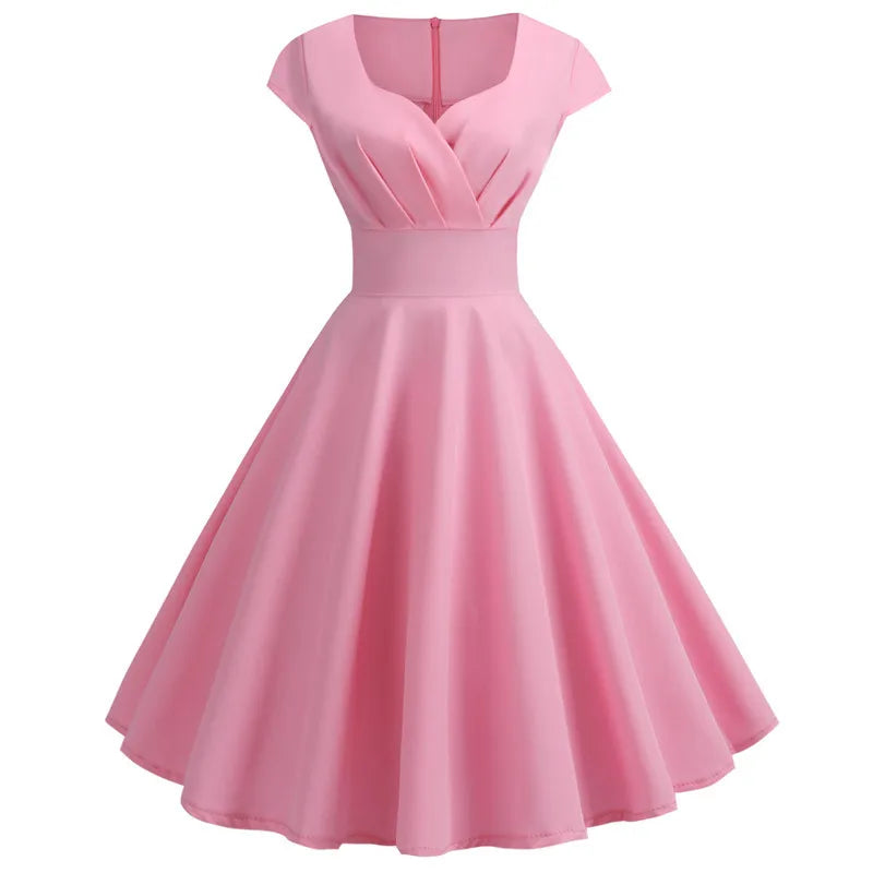Pink Summer Dress V Neck Robe pin up Party Office Midi Dresses