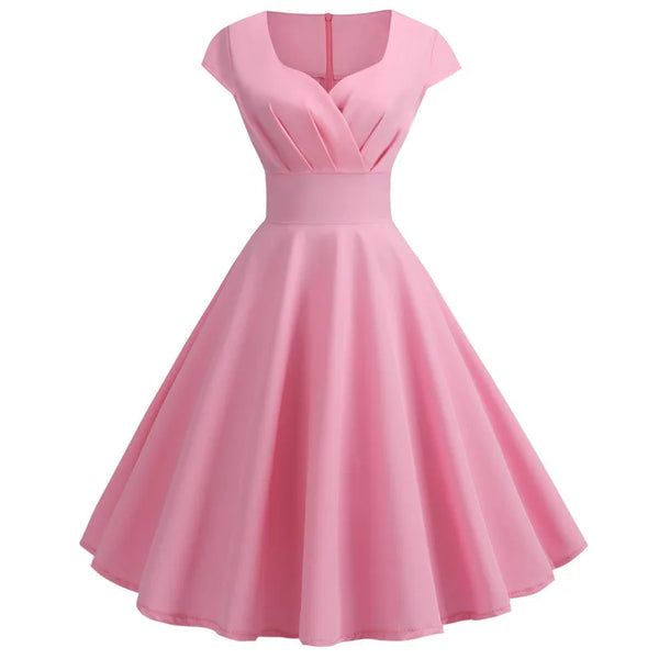 Pink Summer Dress V Neck Robe pin up Party Office Midi Dresses