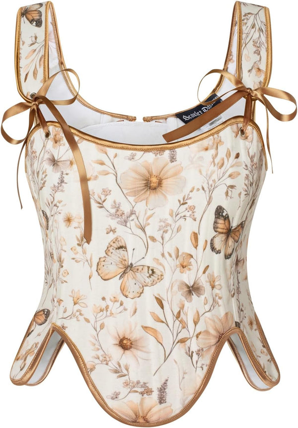 Renaissance Floral Lace-Up Bustier with Zipper