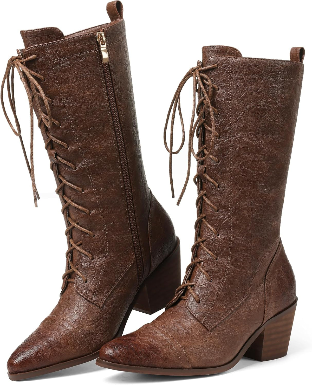 SaraIris Women's Black Mid Calf Boots Lace Up Chunky Heel Vintage Combat Heeled Dress Casual Boots