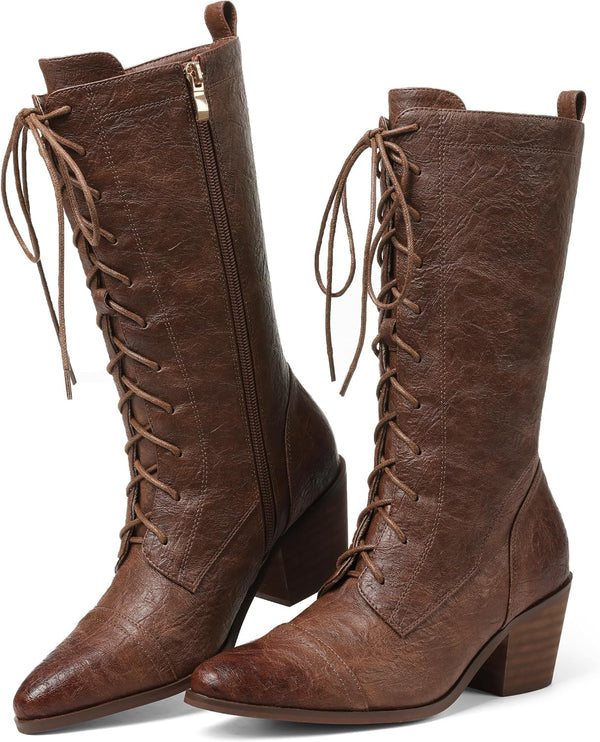 SaraIris Women's Black Mid Calf Boots Lace Up Chunky Heel Vintage Combat Heeled Dress Casual Boots