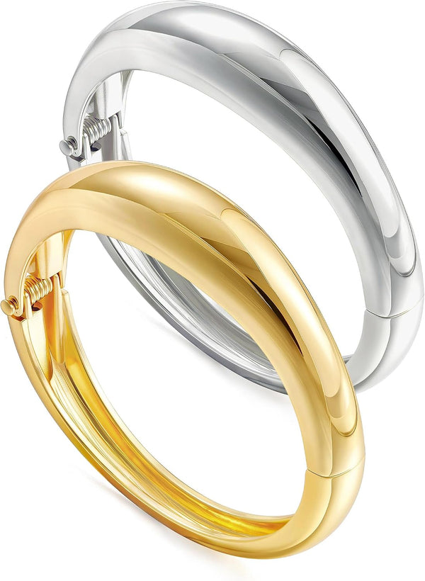 Chunky Gold Bangle Bracelets for Women, Dainty 14k Gold Plated Big Stackable Bangles Set, Trendy Statement Cuff Bracelet Stack Fashion Jewelry Gifts
