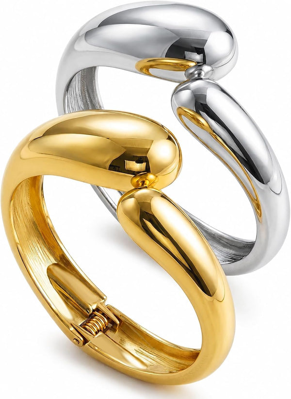 Chunky Gold Bangle Bracelets for Women, Dainty 14k Gold Plated Big Stackable Bangles Set, Trendy Statement Cuff Bracelet Stack Fashion Jewelry Gifts