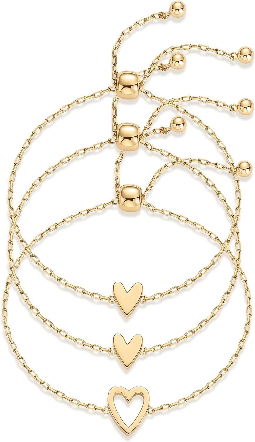 PAVOI Friendship Bracelets for Women, 14K Gold Plated Heart Charm Set