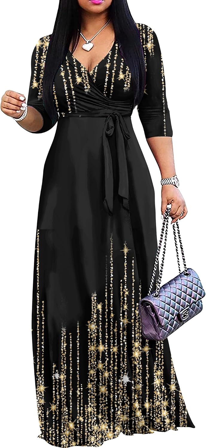 FANDEE Plus Size Maxi Dress for Women Casual Summer Sundress V-Neck 3/4 Sleeve