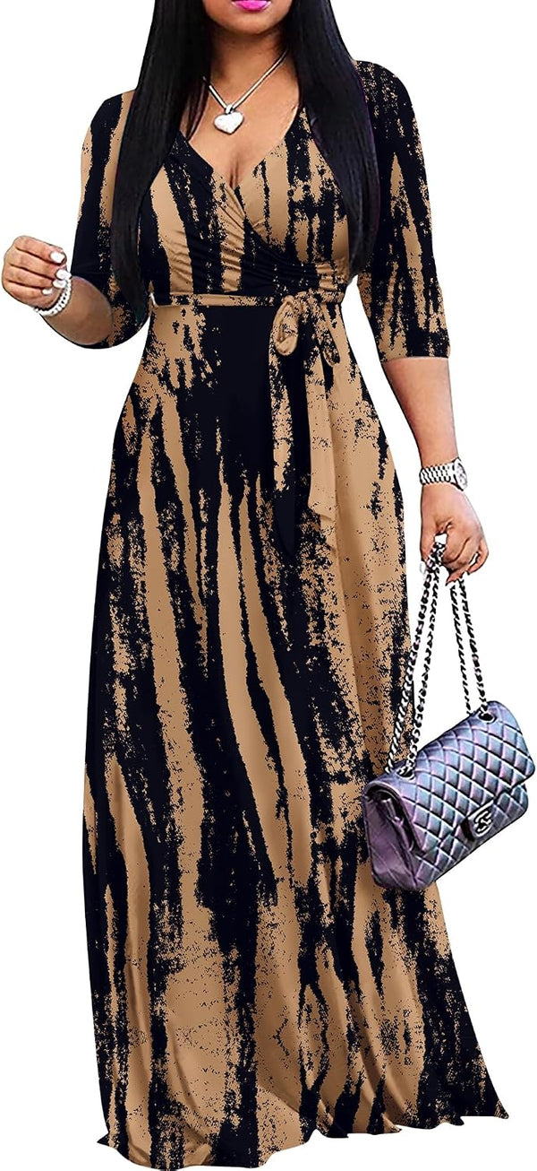 FANDEE Plus Size Maxi Dress for Women Casual Summer Sundress V-Neck 3/4 Sleeve
