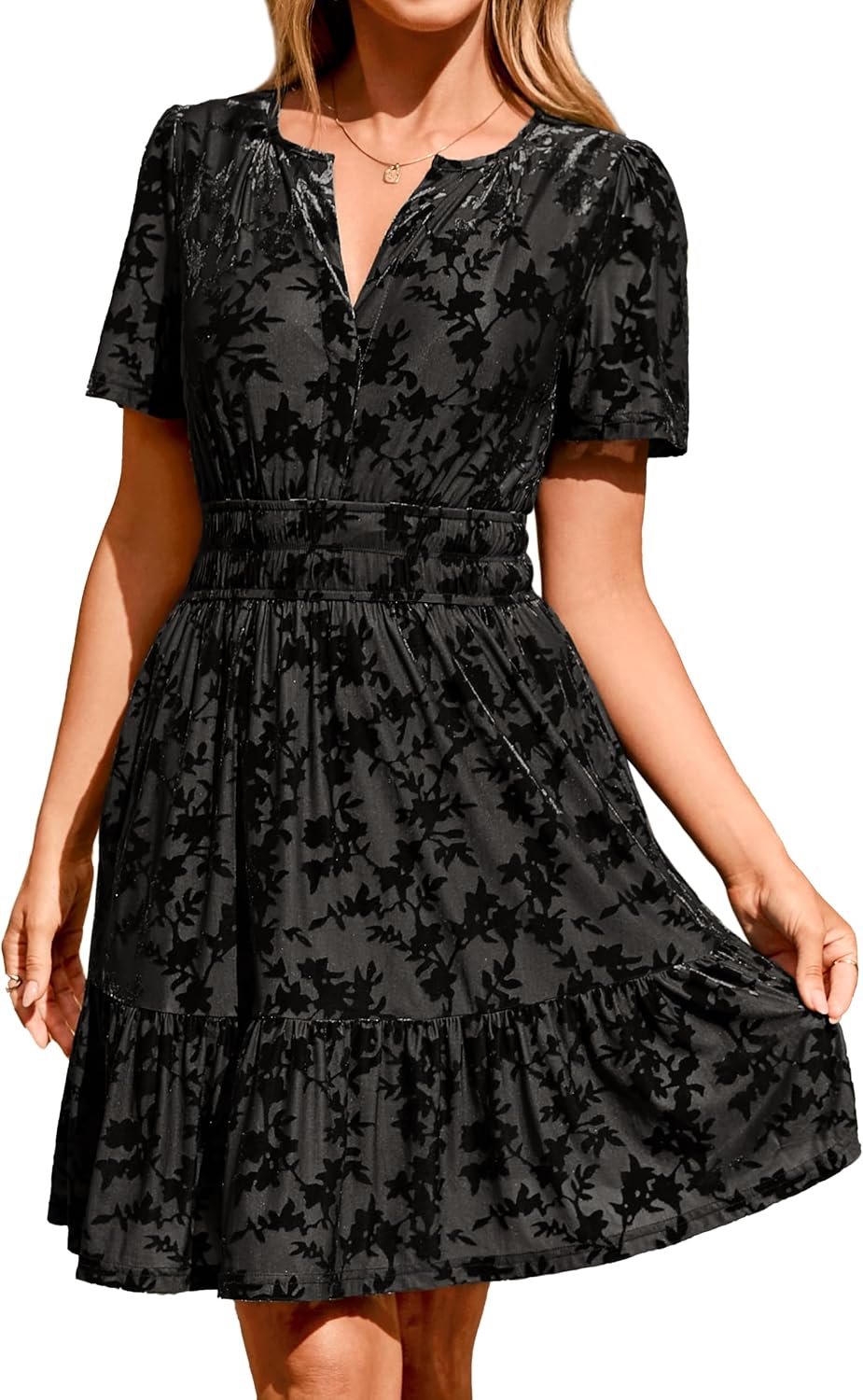 Simplee Women's 2026 Velvet Short Sleeve Cocktail Dress Fall Winter Casual V Neck Empire Waist Mini Dresses with Pockets