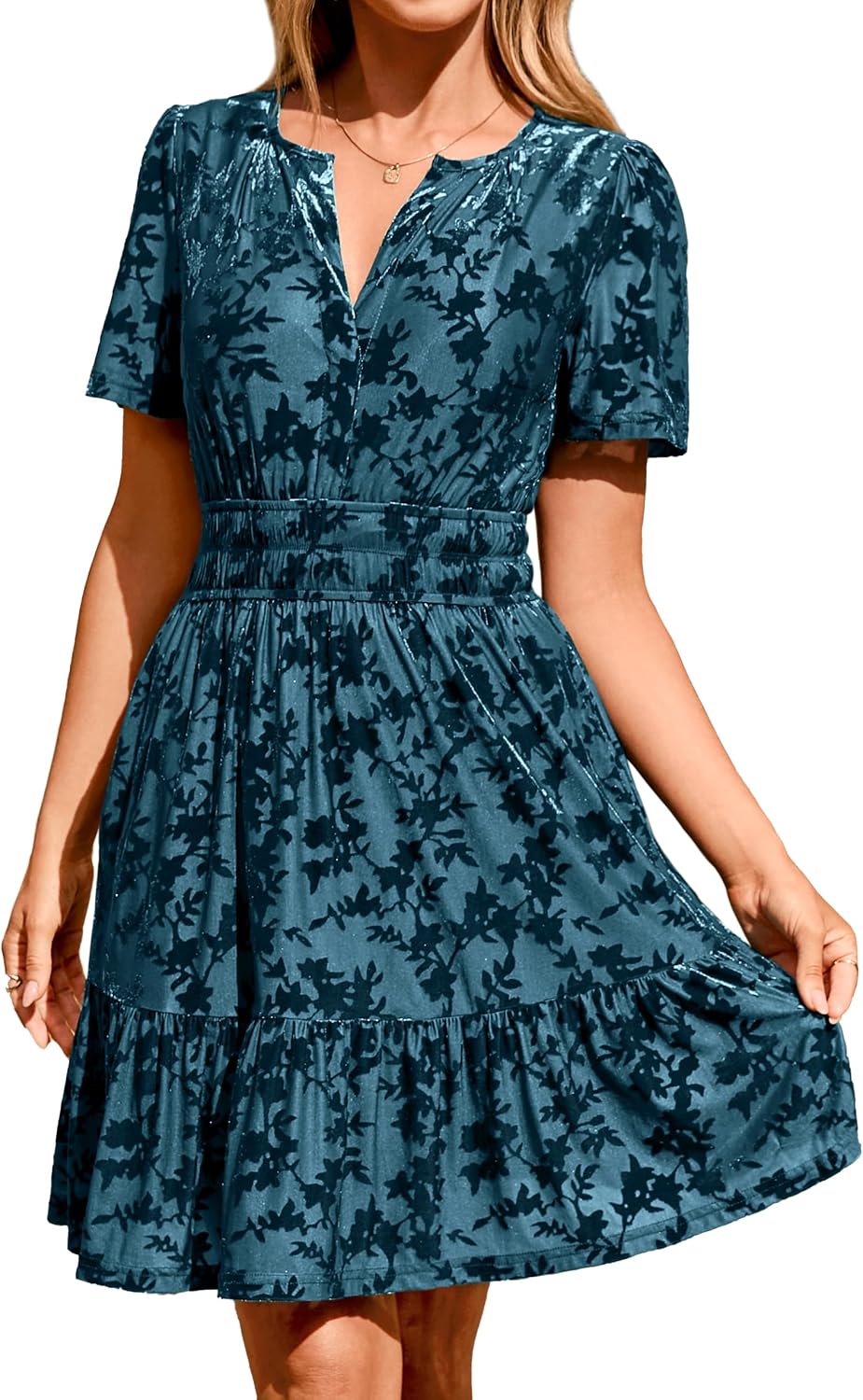 Simplee Women's 2026 Velvet Short Sleeve Cocktail Dress Fall Winter Casual V Neck Empire Waist Mini Dresses with Pockets