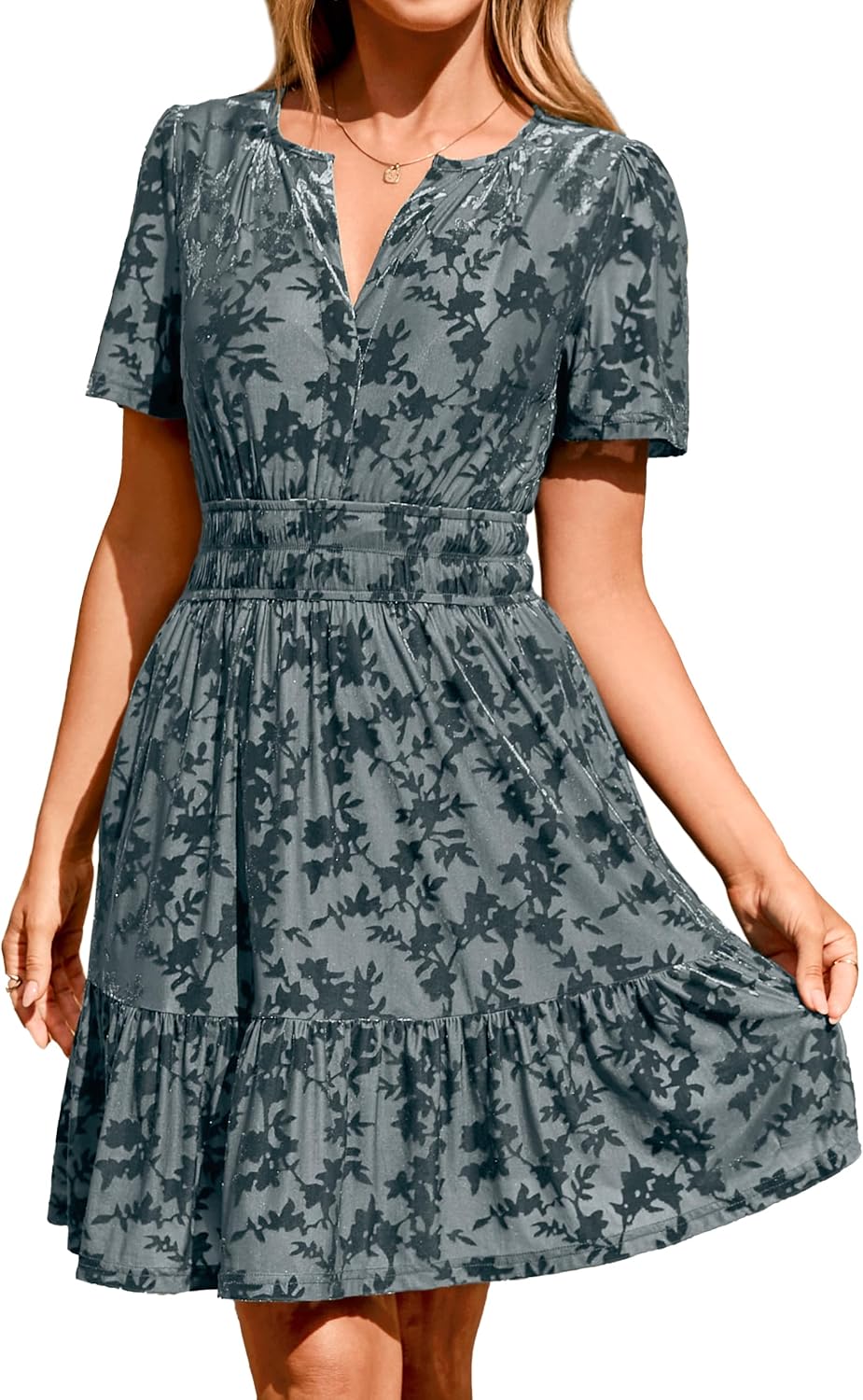 Simplee Women's 2026 Velvet Short Sleeve Cocktail Dress Fall Winter Casual V Neck Empire Waist Mini Dresses with Pockets