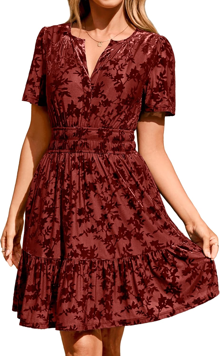 Simplee Women's 2026 Velvet Short Sleeve Cocktail Dress Fall Winter Casual V Neck Empire Waist Mini Dresses with Pockets