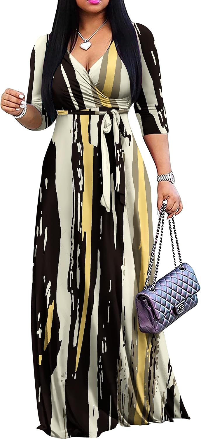 FANDEE Plus Size Maxi Dress for Women Casual Summer Sundress V-Neck 3/4 Sleeve