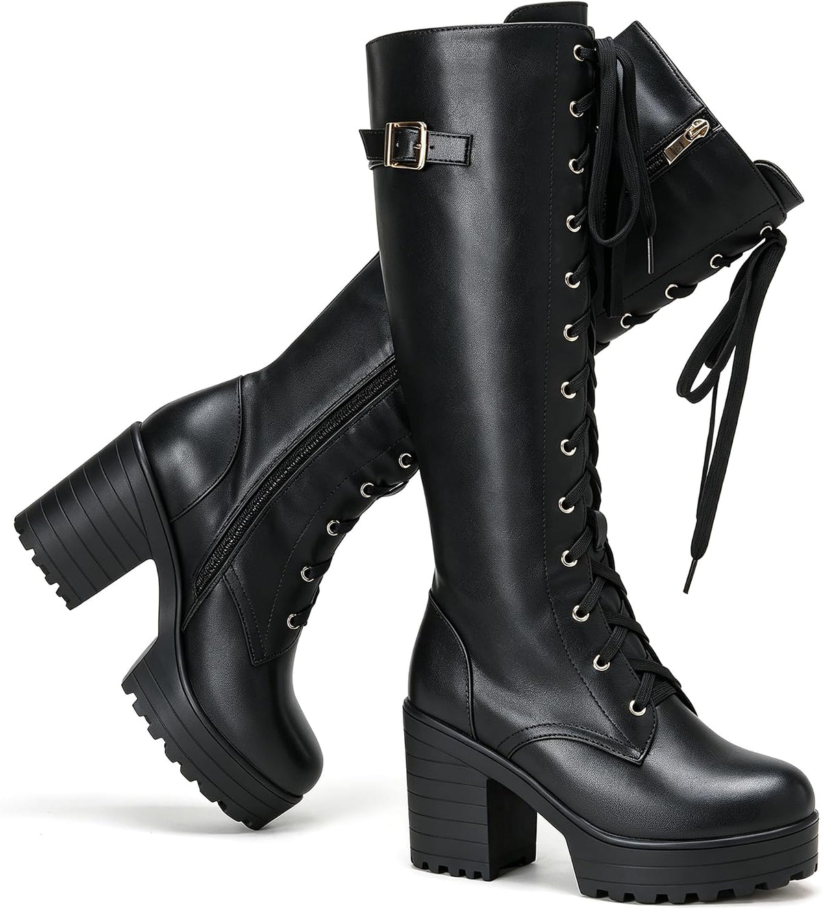Ladies' Boots Women Fashion Platform Block Heels Knee High Boots Lace up