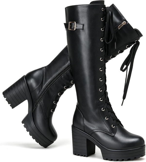 Ladies' Boots Women Fashion Platform Block Heels Knee High Boots Lace up
