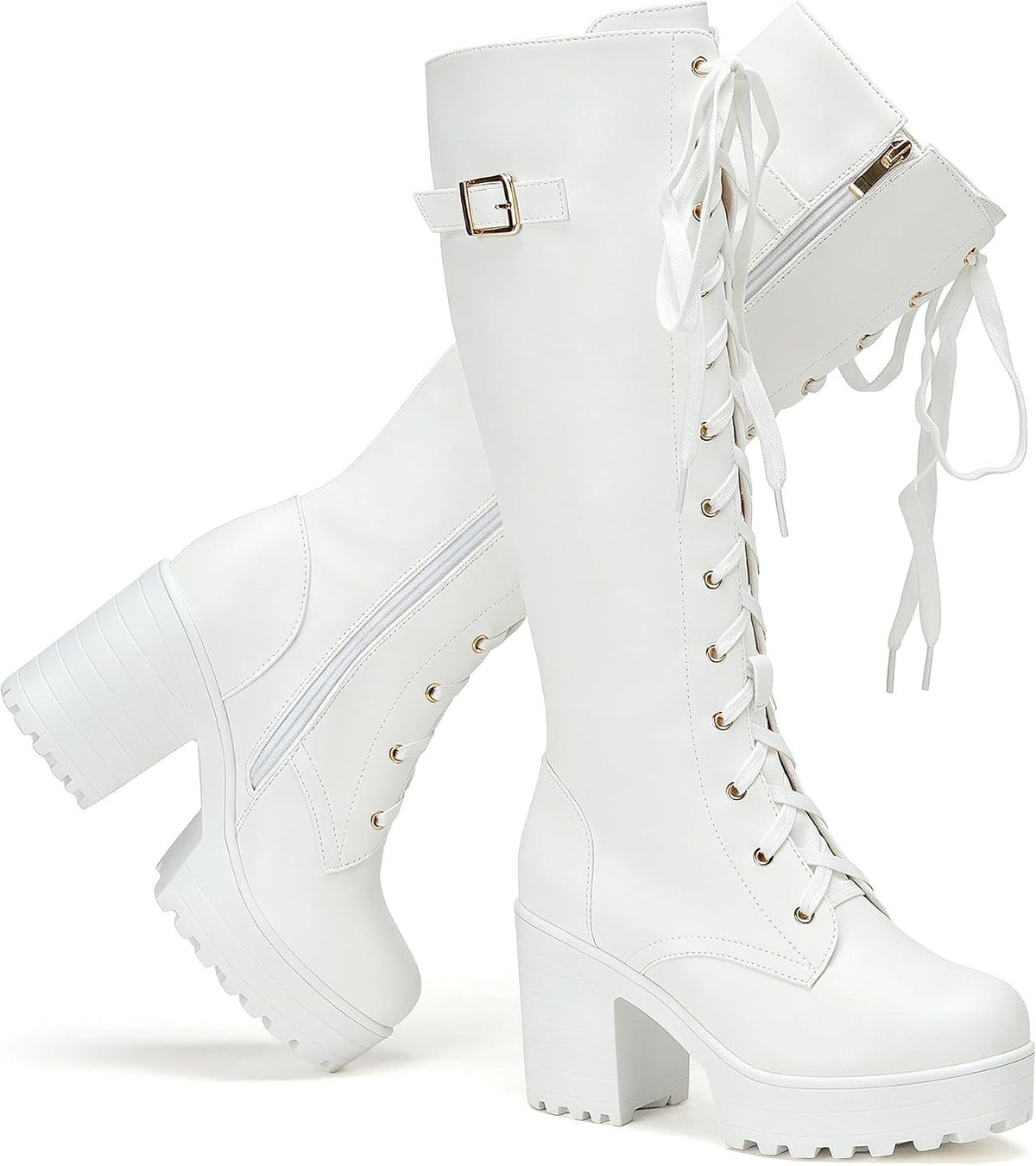 Ladies' Boots Women Fashion Platform Block Heels Knee High Boots Lace up