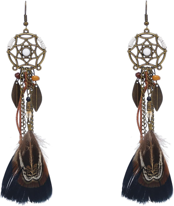 Punk Vintage Long Tassel Feather Beads Drop Wolf Tooth Pendant Earring Fish Hook Earrings Suitable to Wear At All Times