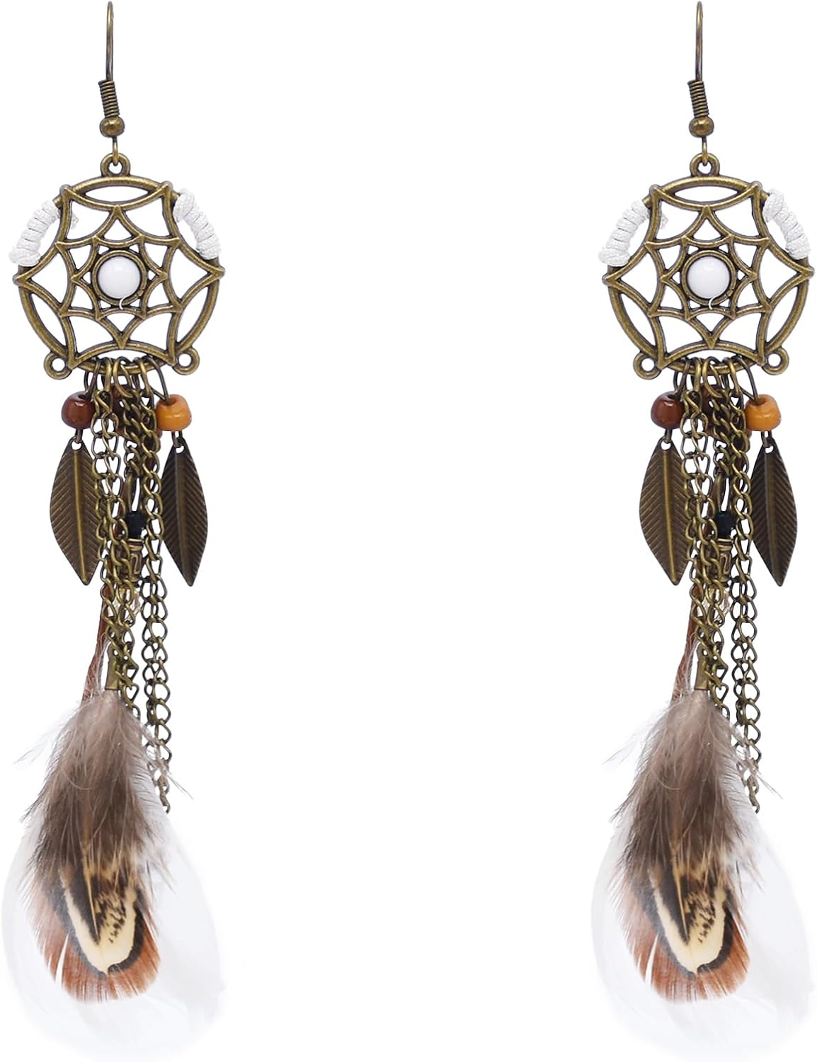Punk Vintage Long Tassel Feather Beads Drop Wolf Tooth Pendant Earring Fish Hook Earrings Suitable to Wear At All Times