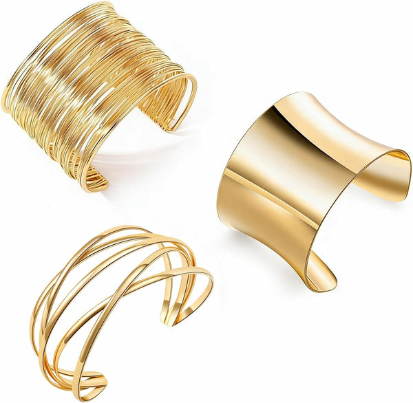 3PCS Gold Chunky Cuff Bracelets for Women Irregular Minimalist Statement Bangle Bracelets Set Open Wide Bangle Arm Cuff Upper Arm Punk Jewelry