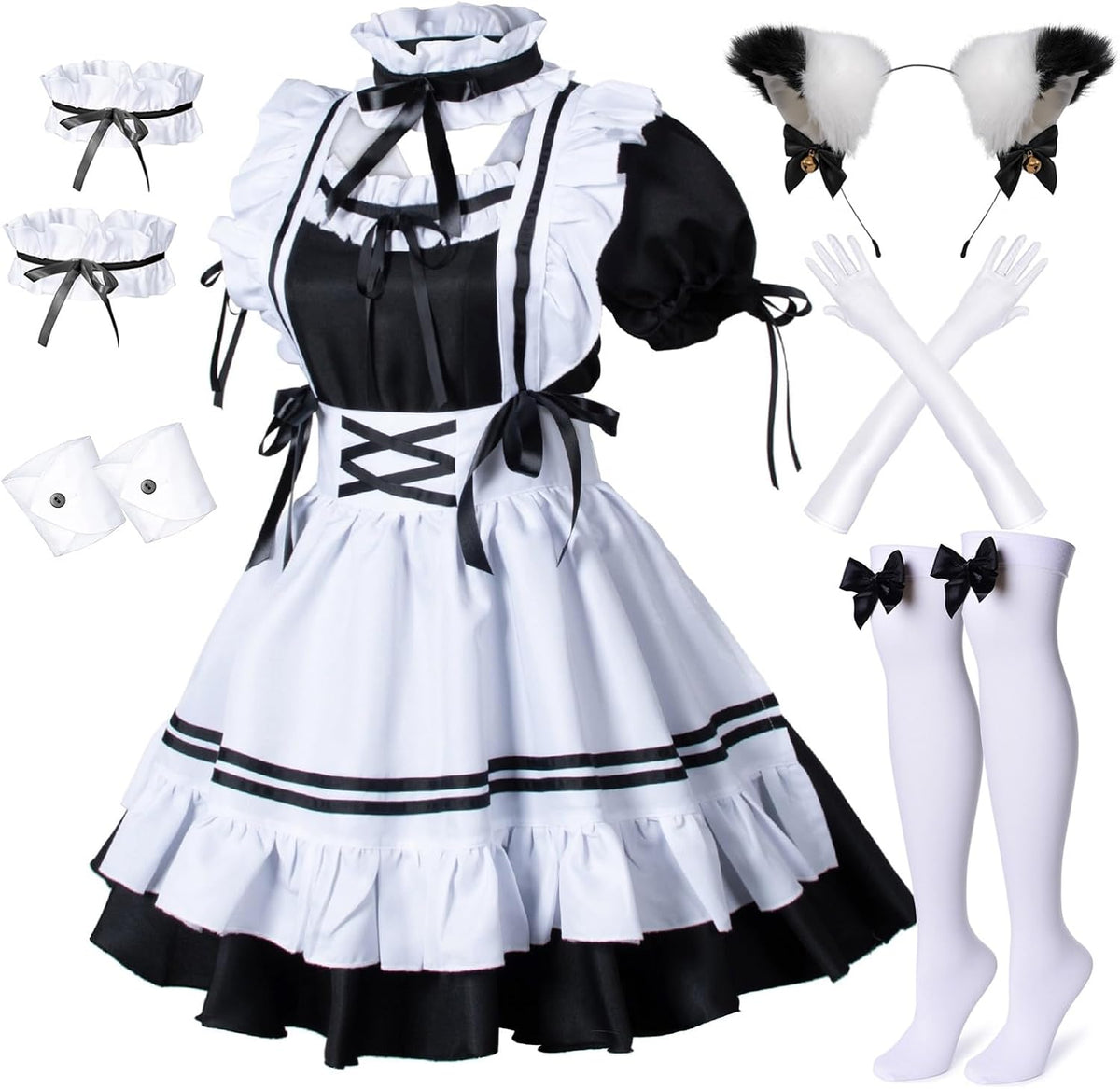 Wannsee Anime French Maid Apron Lolita Fancy Dress Cosplay Costume Furry Cat Ear Gloves Socks set(XL)
