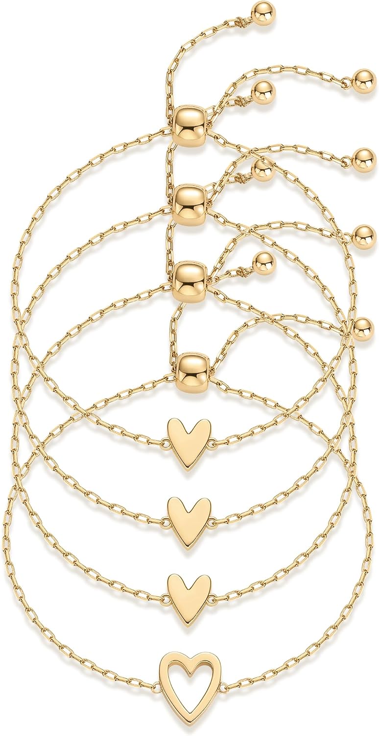 PAVOI Friendship Bracelets for Women, 14K Gold Plated Heart Charm Set