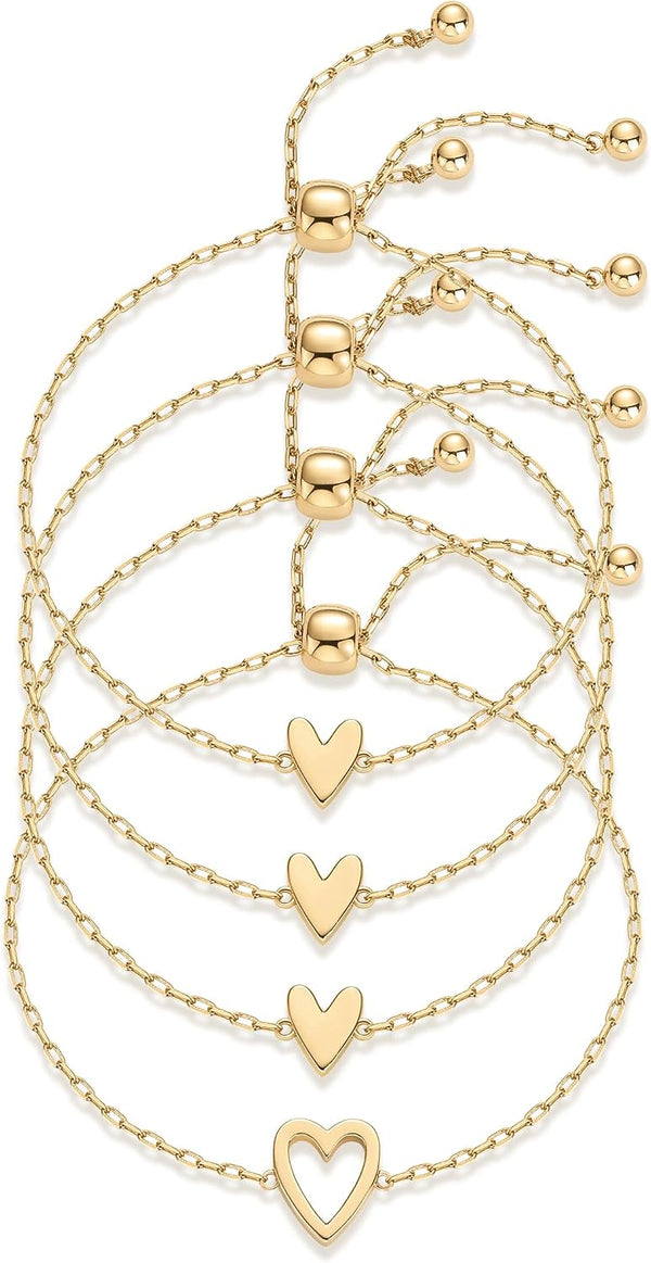 PAVOI Friendship Bracelets for Women, 14K Gold Plated Heart Charm Set