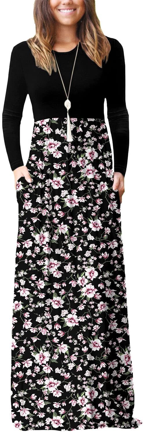 DEARCASE Women's Maxi Dress Long Sleeve Crewneck Empire Waist Long Dresses