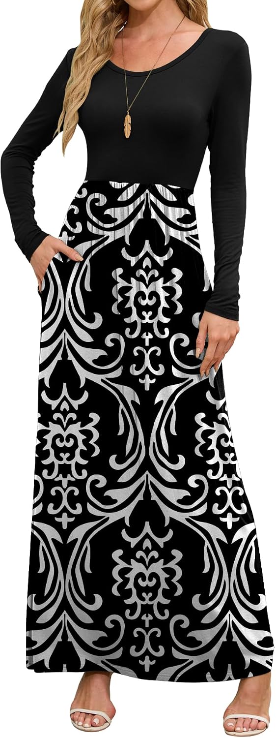 DEARCASE Women's Maxi Dress Long Sleeve Crewneck Empire Waist Long Dresses