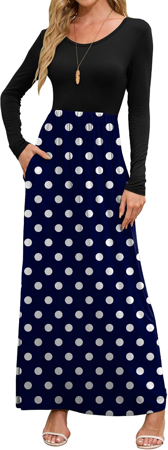 DEARCASE Women's Maxi Dress Long Sleeve Crewneck Empire Waist Long Dresses