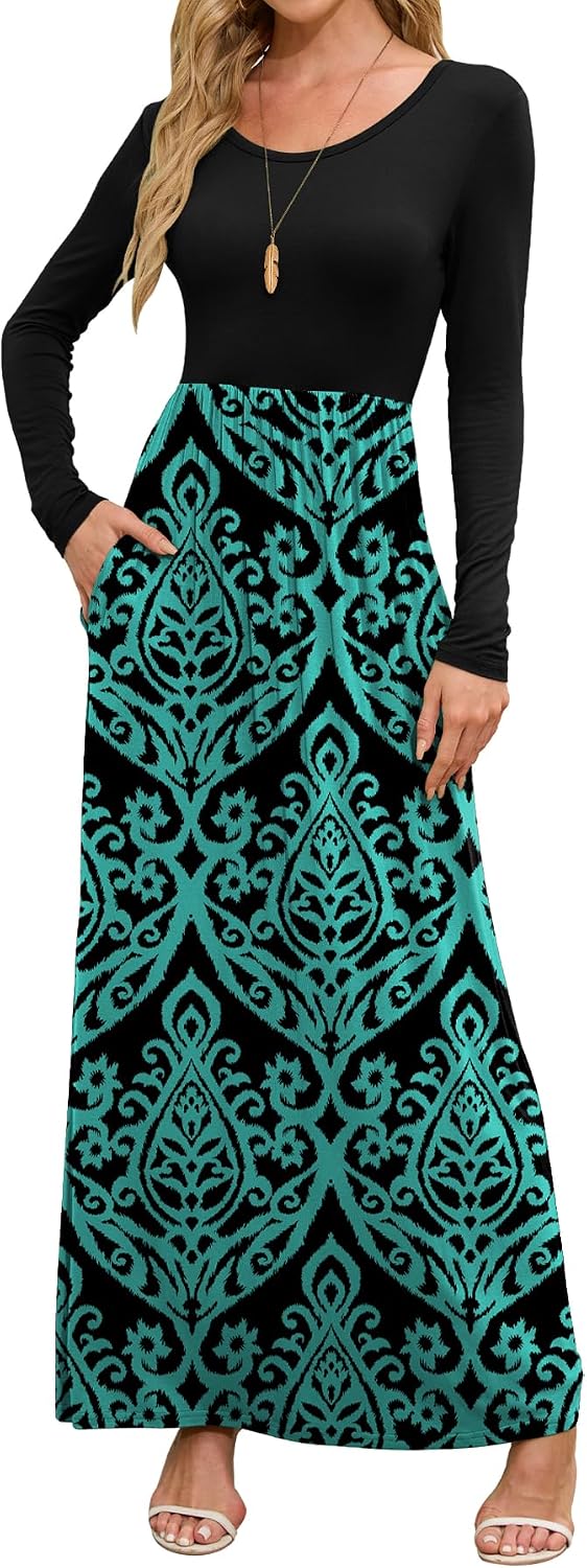 DEARCASE Women's Maxi Dress Long Sleeve Crewneck Empire Waist Long Dresses