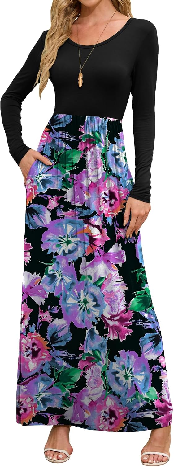 DEARCASE Women's Maxi Dress Long Sleeve Crewneck Empire Waist Long Dresses