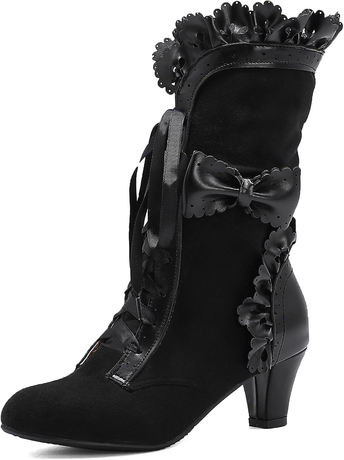 Victorian Boots for Women Vintage Bow Ruffles Goth Boots Costume Lace Up 70S Retro Boots Halloween Witch Stuff Cuban Heel Mid Calf Boots