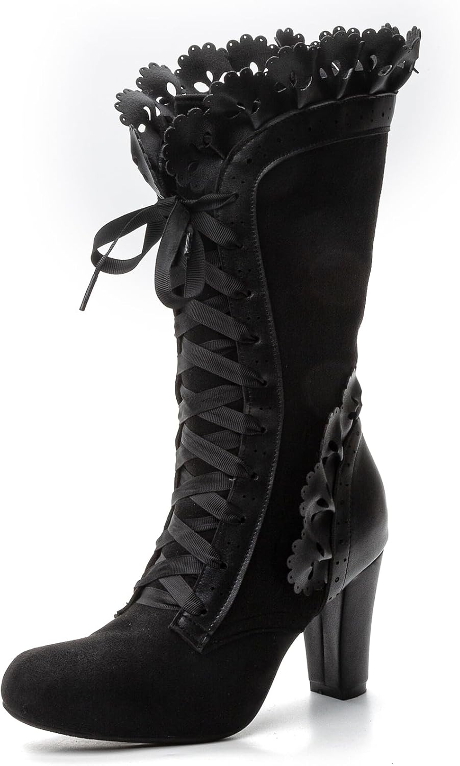 Victorian Boots for Women Vintage Bow Ruffles Goth Boots Costume Lace Up 70S Retro Boots Halloween Witch Stuff Cuban Heel Mid Calf Boots