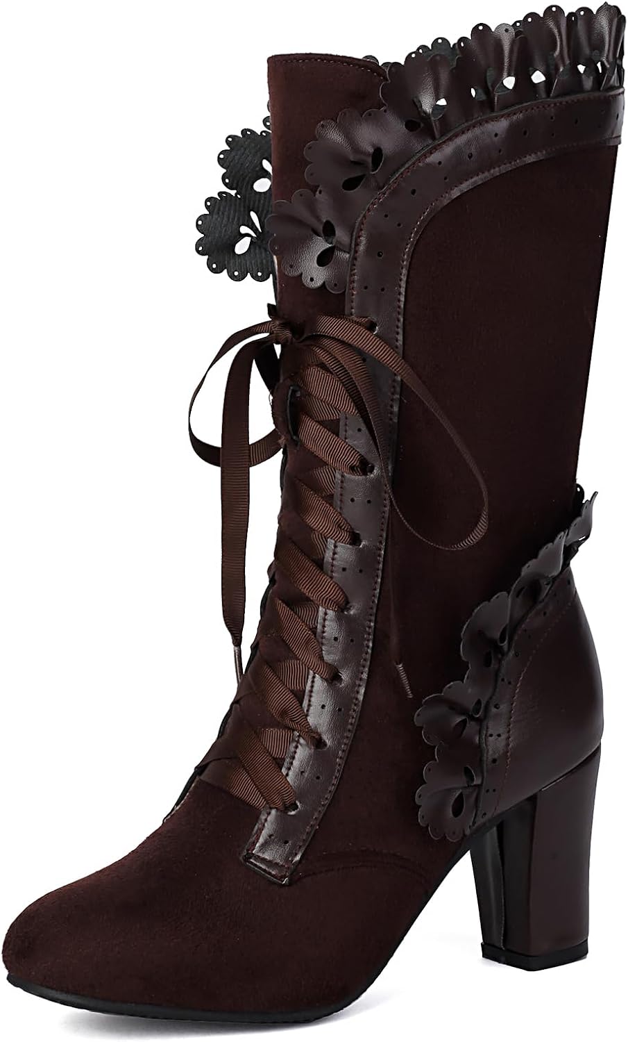 Victorian Boots for Women Vintage Bow Ruffles Goth Boots Costume Lace Up 70S Retro Boots Halloween Witch Stuff Cuban Heel Mid Calf Boots