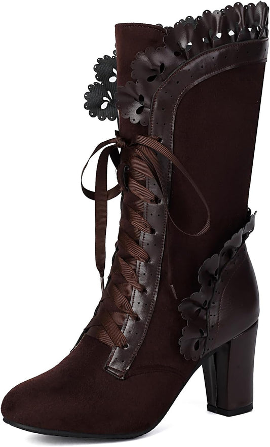 Victorian Boots for Women Vintage Bow Ruffles Goth Boots Costume Lace Up 70S Retro Boots Halloween Witch Stuff Cuban Heel Mid Calf Boots